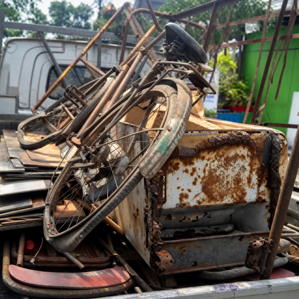 Sepeda bekas dan rongsokan besi tua di atas mobil pikap